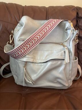 Grey Vegan Leather Backpack Tote with Detachable Strap and Zippered Pockets